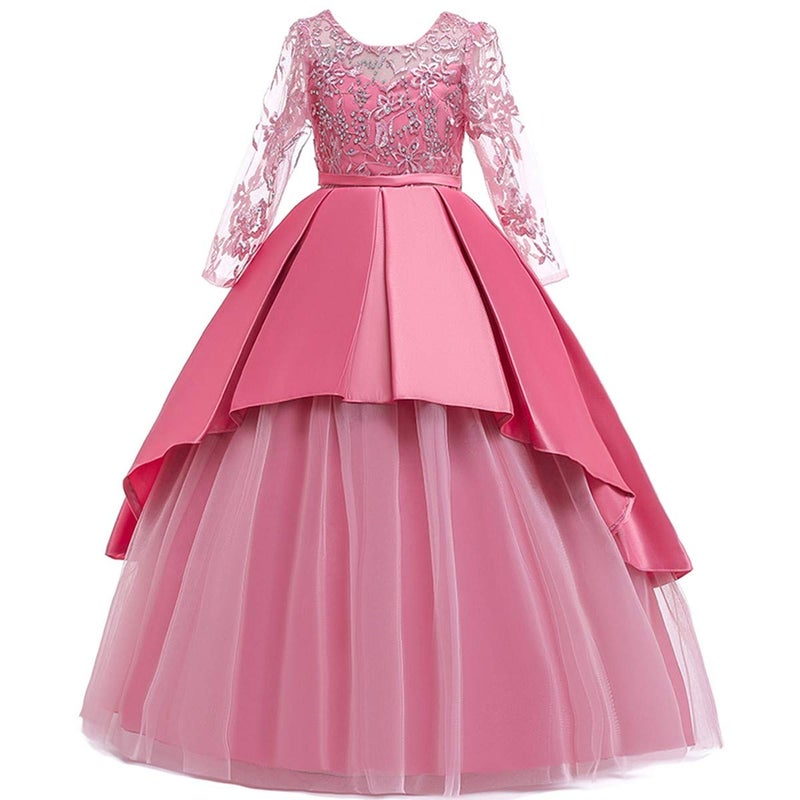 HIHCBF Flower Girl's Embroidery Tulle Lace Maxi Wedding Dress Long Sleeve Princess Birthday Pageant Party Dance Evening Gown Dusty Rose 13-14T - Image 1